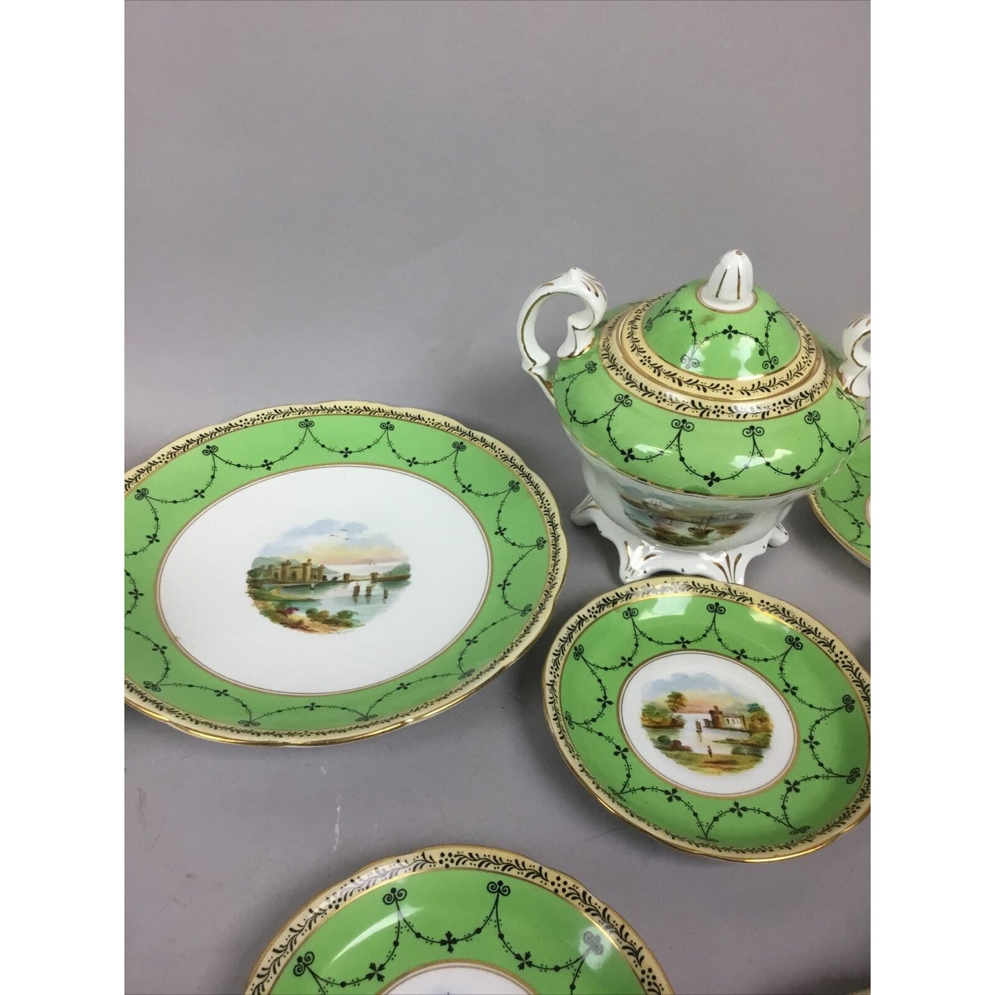 Grosvenor Ye Old Cups, Plates, Saucers green. Jackson and Gosling Co. Set of 15.