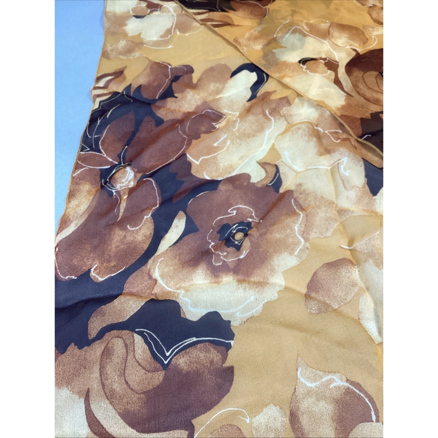 100% Silk Yellow Sheer Floral Scarf - 60x15”