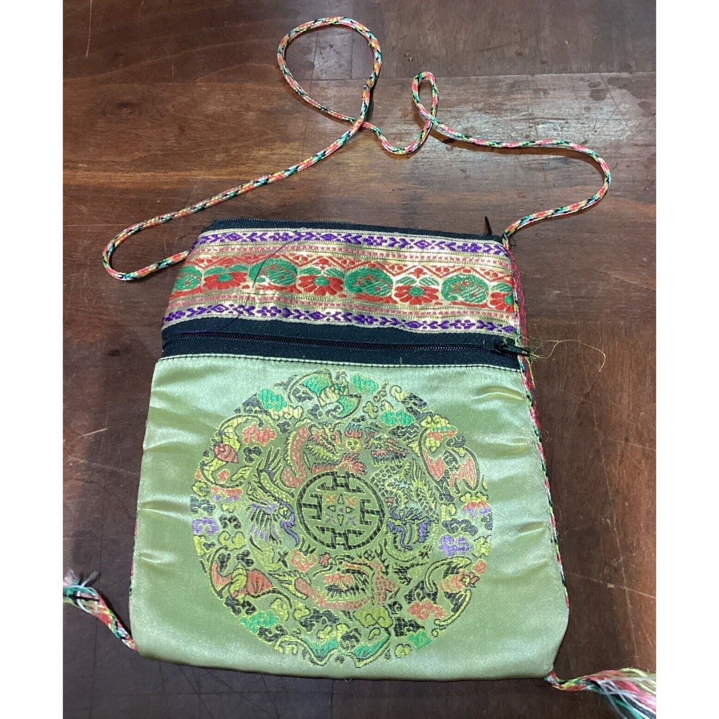 Multicolored Asian Silky Cross Body Purse Bag With 2 Pockets