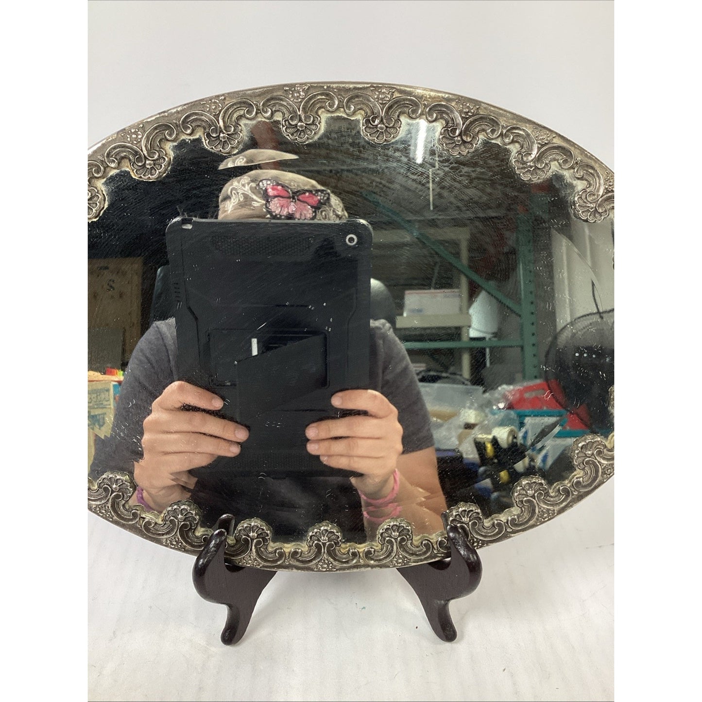 Antique Serving Plateau W/ A Mirrored Surface & Scroll Embossed Border