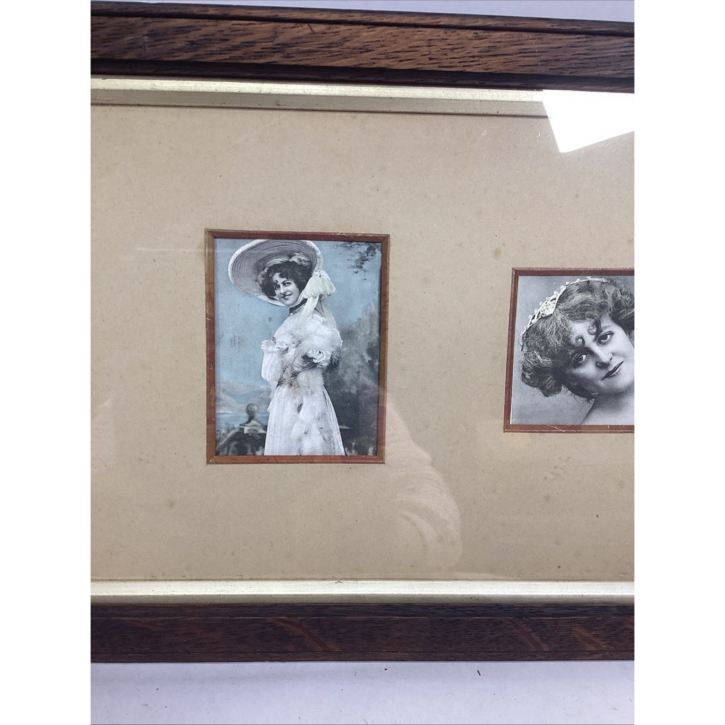 Early 1900’s Victorian Style Photographic Portraits In Wooden Frame - 19x9”