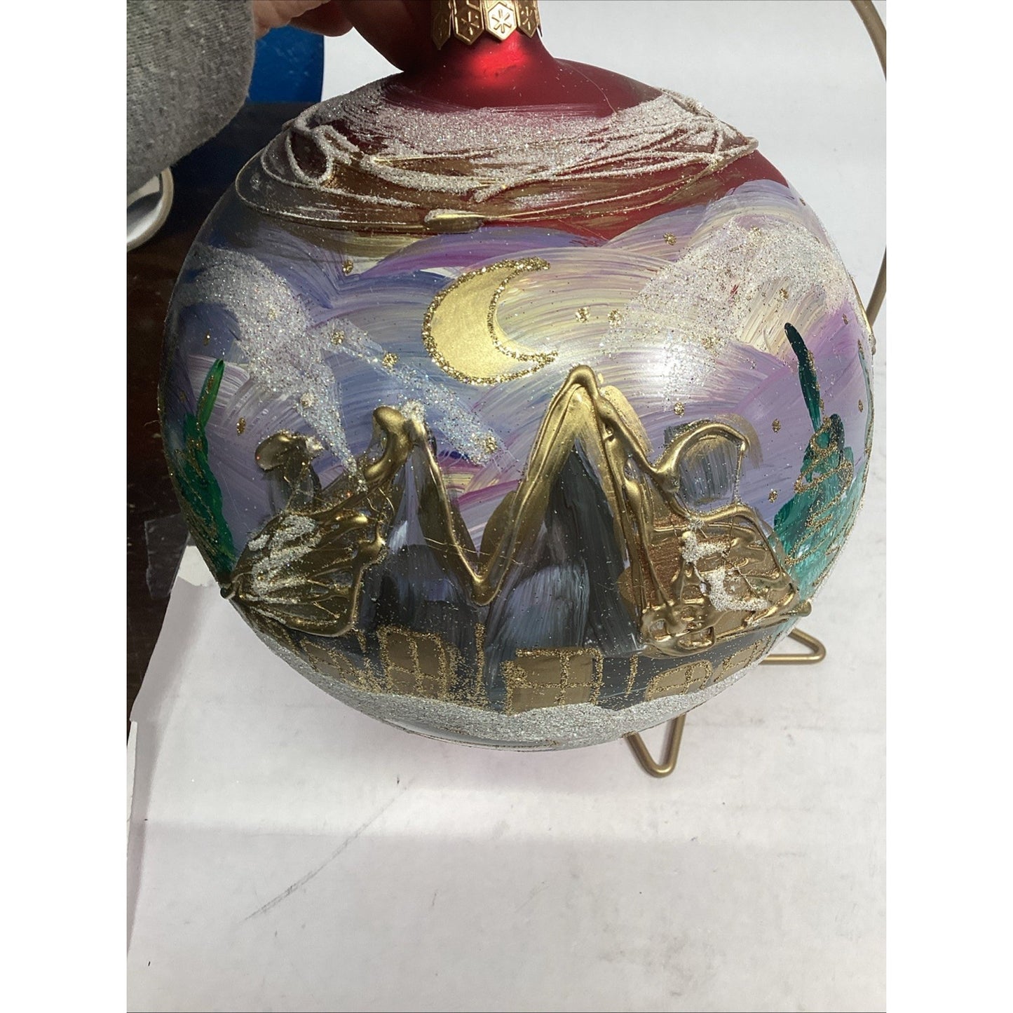 Hand Painted Large Glass Christmas Ball Ornament - Houses And Trees - Glitter -