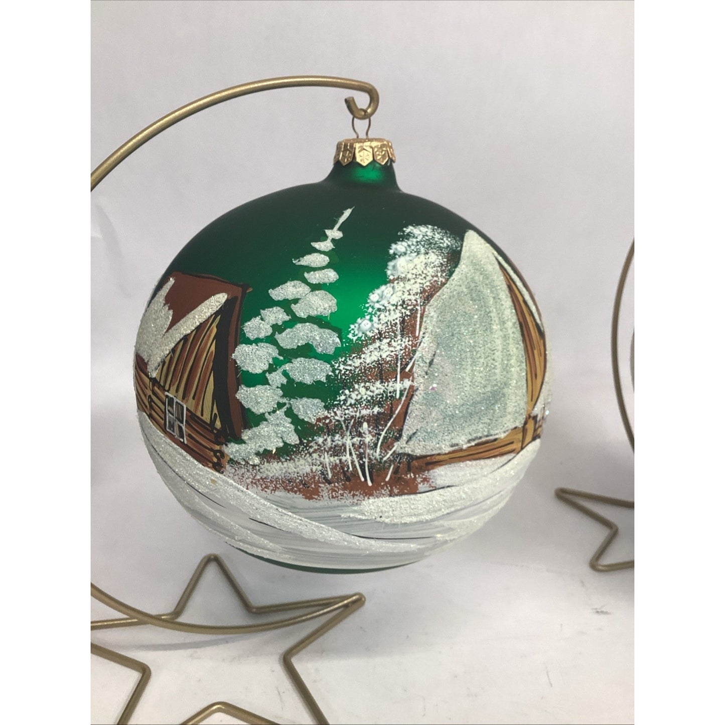 2 Hand Painted Snowy Cabins Glass Ball Ornaments With Ornament Hangers - 7”D