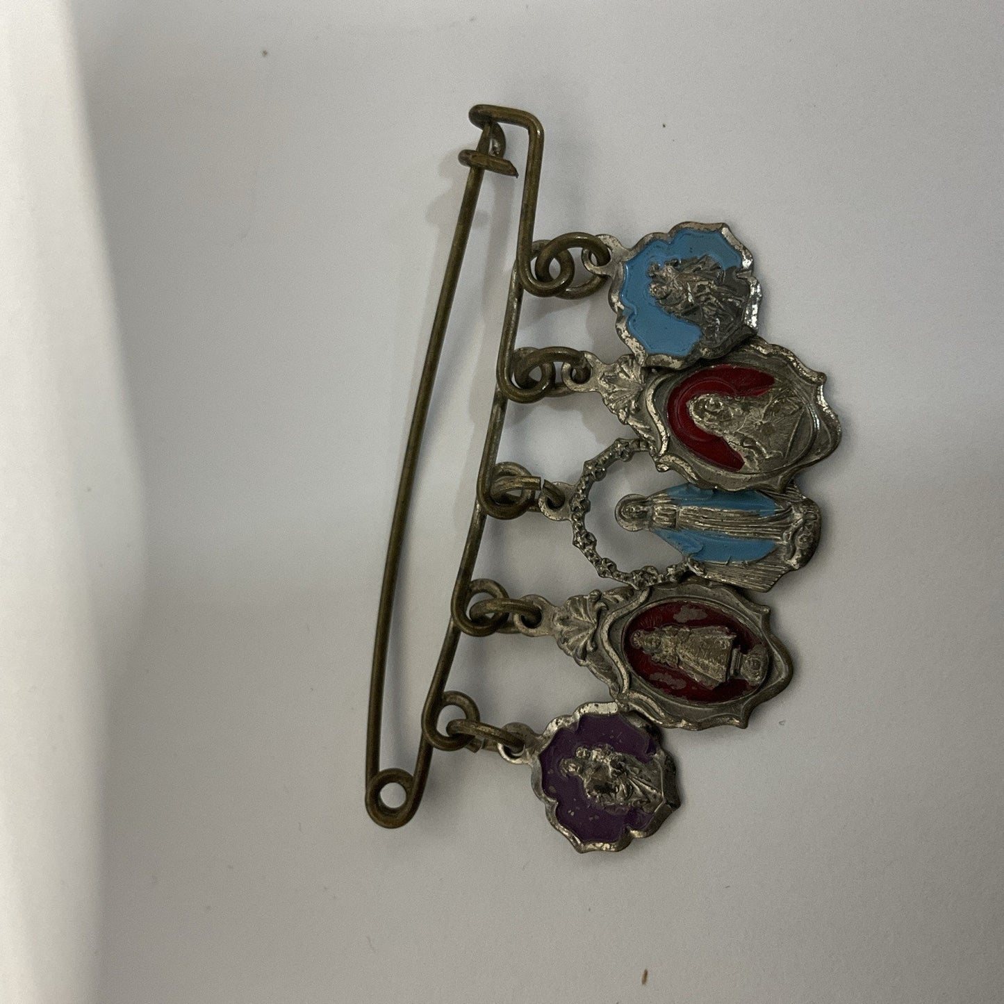 Miraculous Virgin Mary enamel medal on pin
