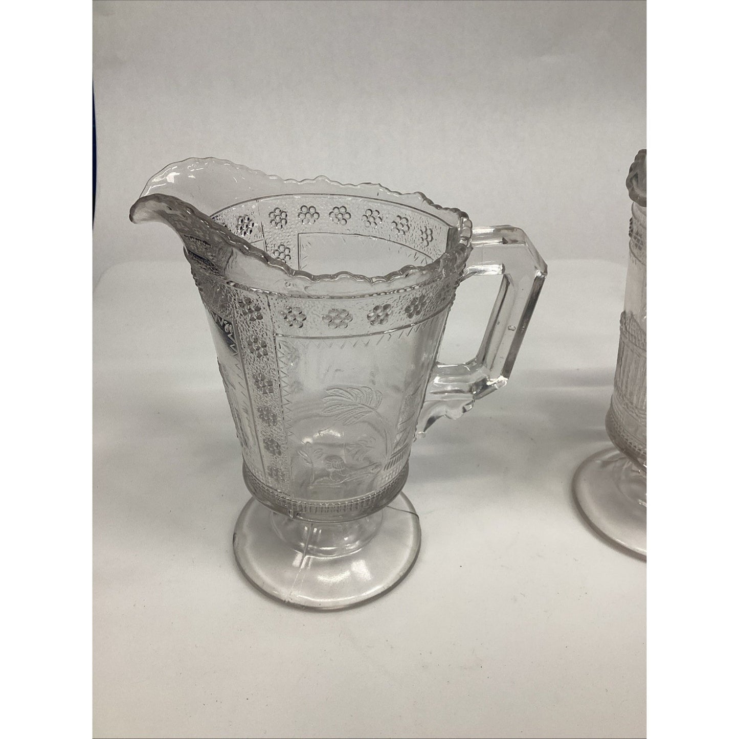 2 Antique Victorian 1880s Adams & Co. EAPG “Egyptian” Pattern Glass Pitcher – 6”