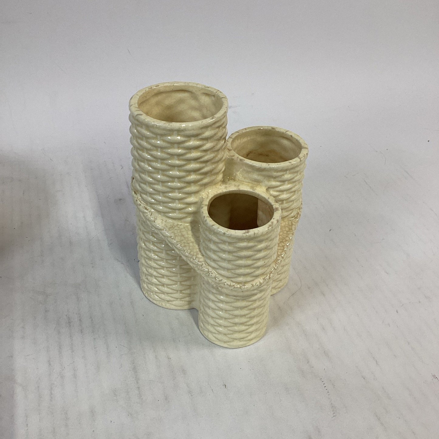 Vintage Ceramic Basket Weave Covered Serving Dish & Vases Set