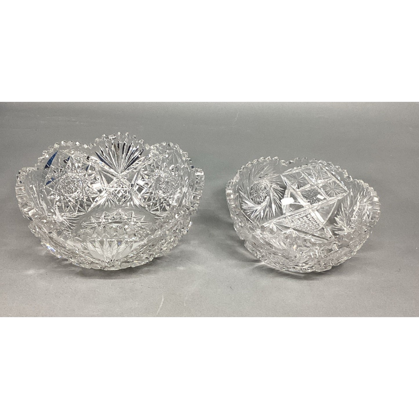 Set Of 2 Cut Glass Crystal Serving Bowls With Sawtooth Edging