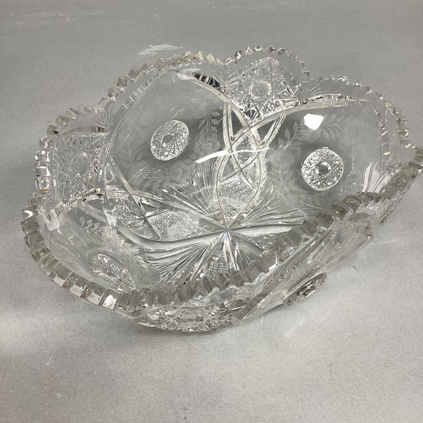 Vintage Heavy Cut Glass Bowl With Sawtooth Edges - Floral & Sunburst - 11x7”