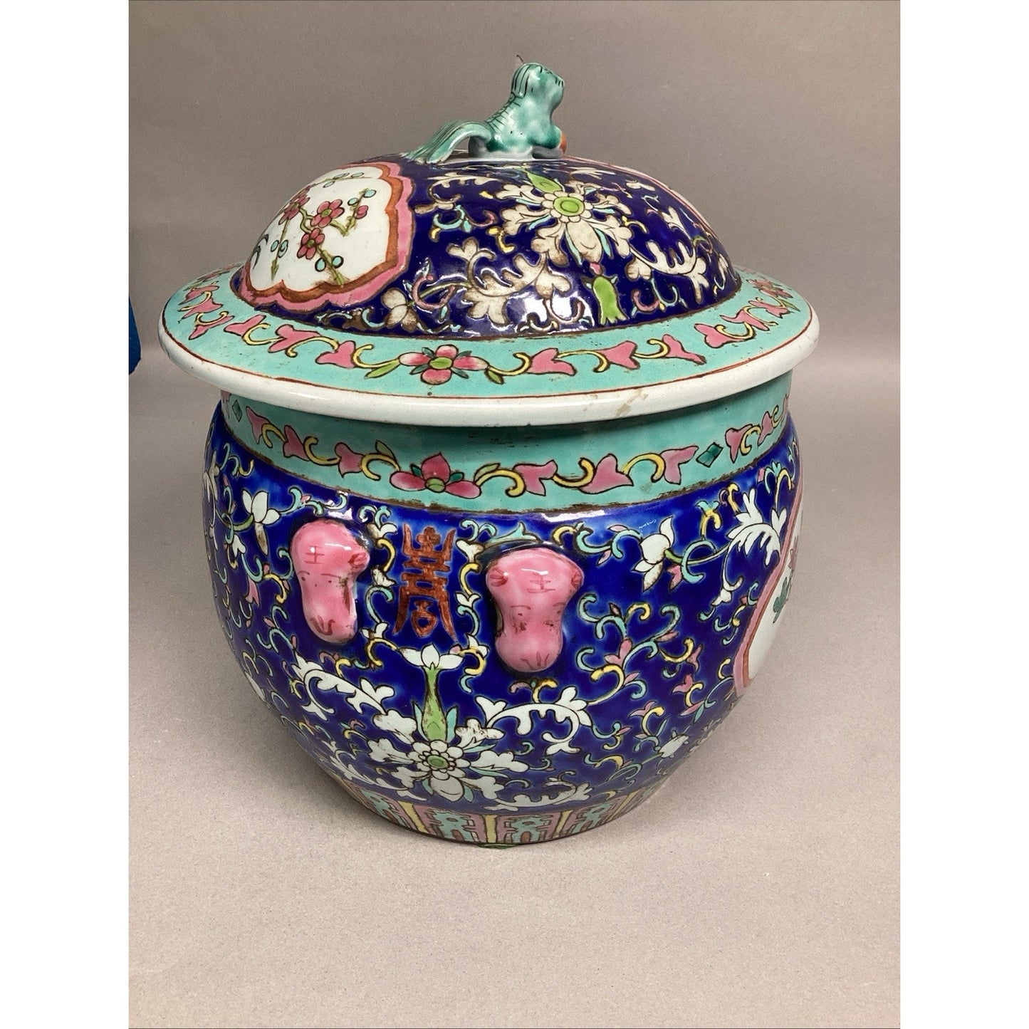 Chinese Lidded Jar (Kamcheng) Enameled Thick Porcelain W/ Peony Flowers - 9.5”H
