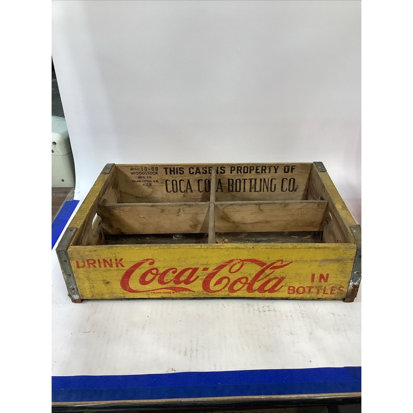 Vintage 1968 Wooden Coca Cola Yellow Wood Crate W/ 6 Bottles In Holder - SC