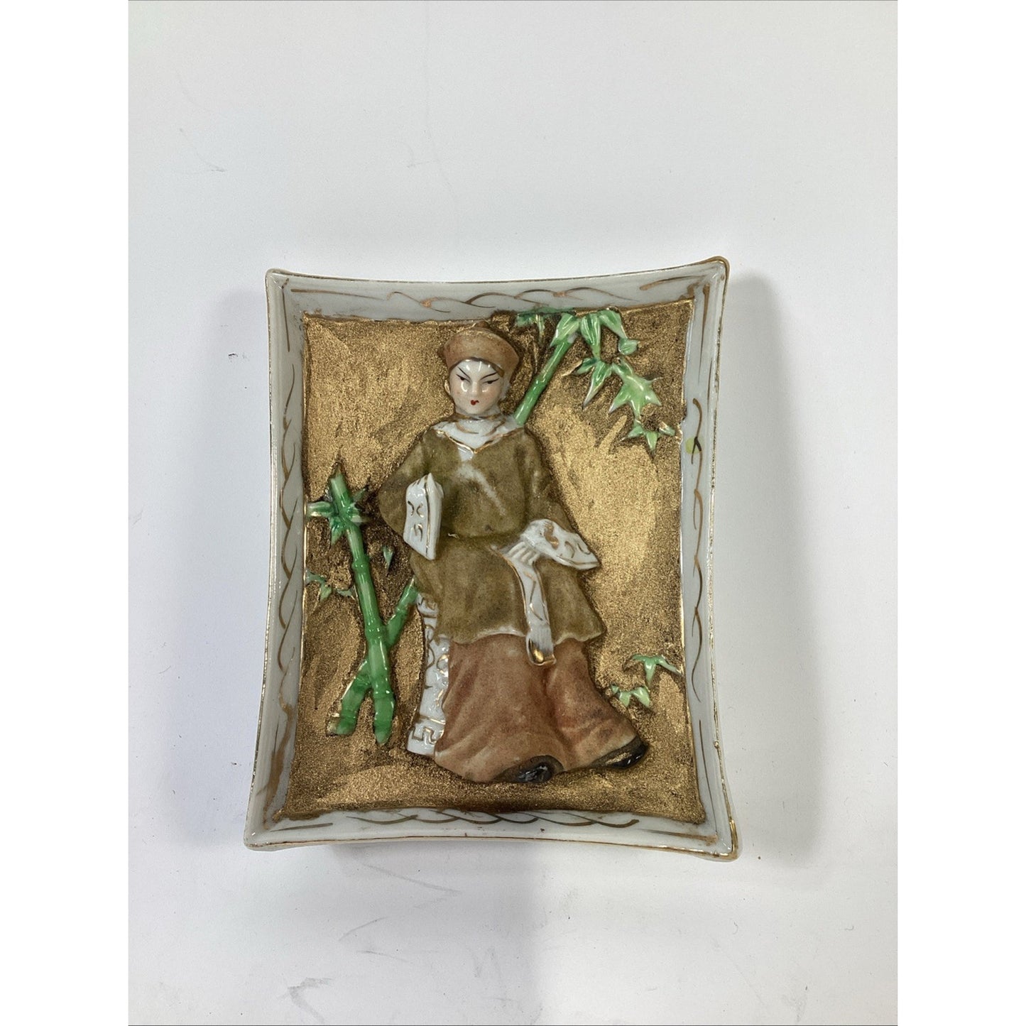 Vtg 2 Japanese Moriage Porcelain Wall Plaques Geisha Bamboo 3D Relief Pat Pend