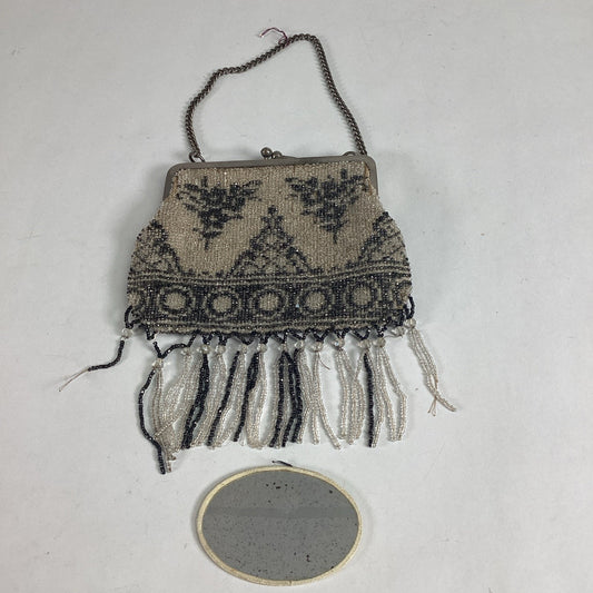 Vintage Beaded Evening Bag With Fringe & Mirror