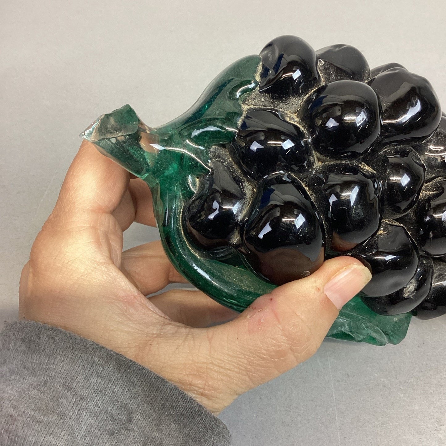 Hand Blown Glass Purple Grapes & Emerald Green Stem & Leaf Paper Weight - 7.25”L