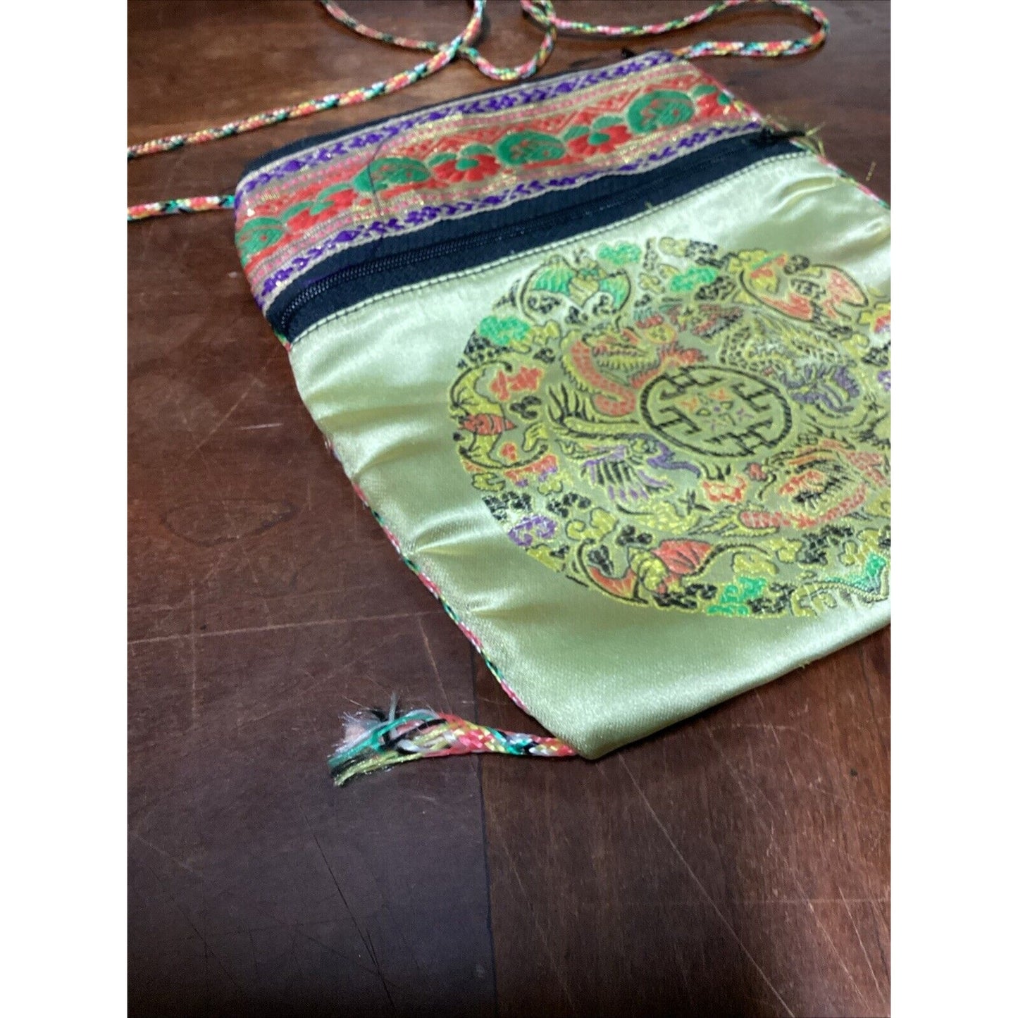 Multicolored Asian Silky Cross Body Purse Bag With 2 Pockets