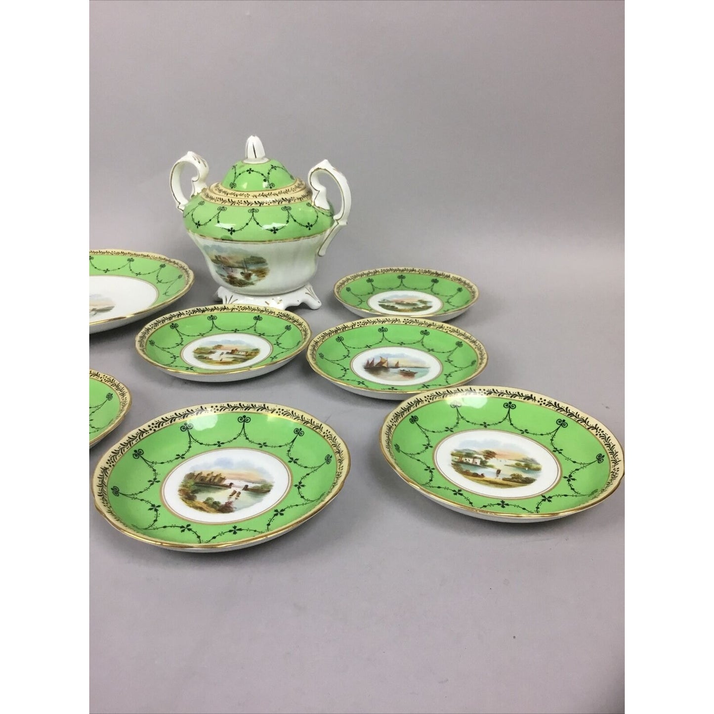 Grosvenor Ye Old Cups, Plates, Saucers green. Jackson and Gosling Co. Set of 15.