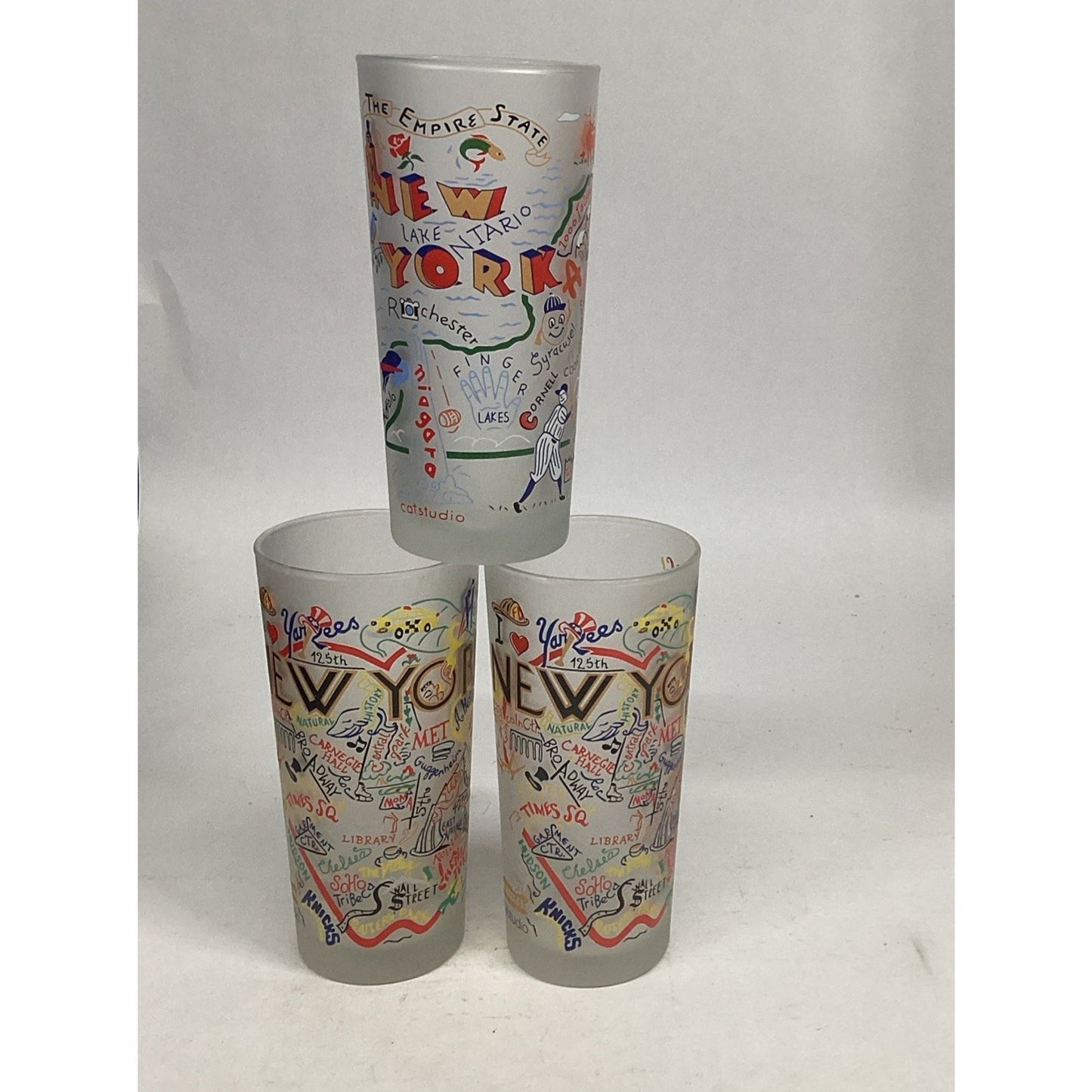 Set Of 3 Catstudio New York Frosted Glass Tumblers - Made In Thailand