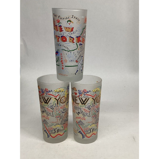 Set Of 3 Catstudio New York Frosted Glass Tumblers - Made In Thailand