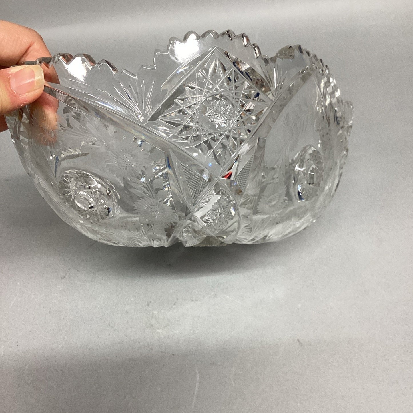 Vintage Heavy Cut Glass Bowl With Sawtooth Edges - Floral & Sunburst - 11x7”