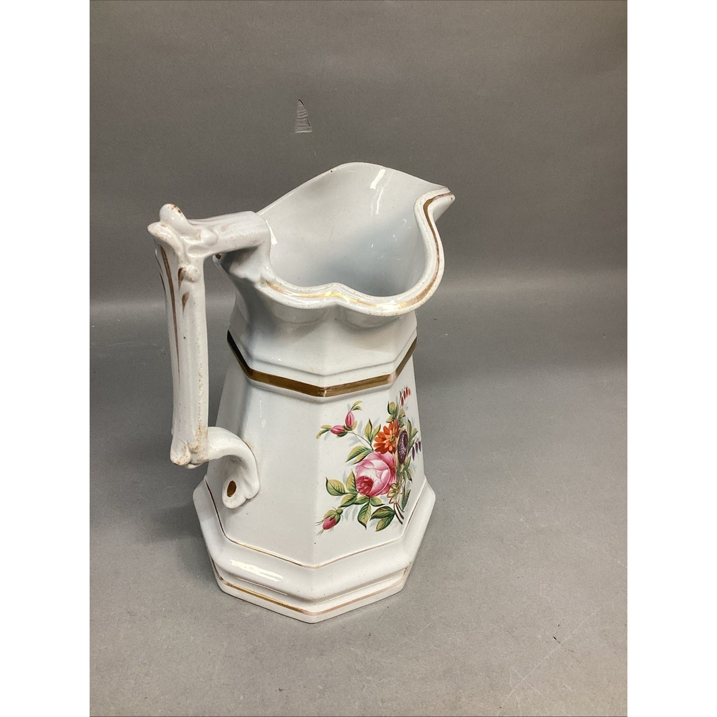 Antique Superior White Granite W. Adam’s & Sons Porcelain Floral Pitcher