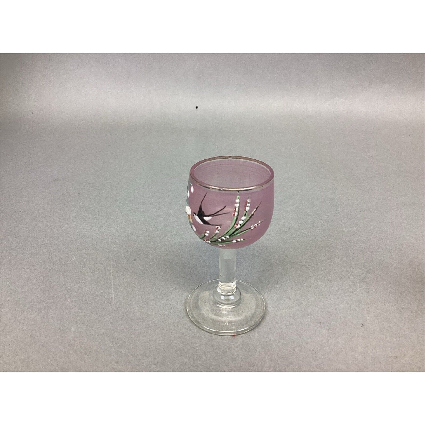 2 Unique Vintage Hand Painted Miniature Pink Wine Glasses Bird & Flowers - 3”
