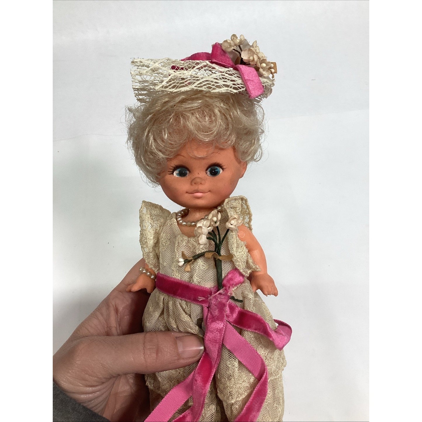 Vintage 1970’s Victorian Southern Belle W/ Lace Gown & Bonnet Made In Hong Kong