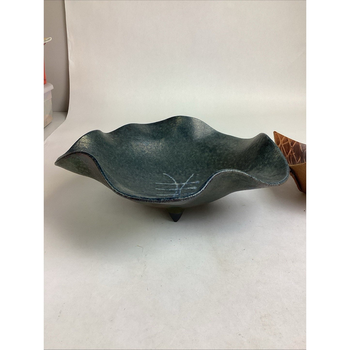 Set Of 2 Handmade Bowls - Blue Footed Ceramics W/ Scalloped Edges & Leather Bowl