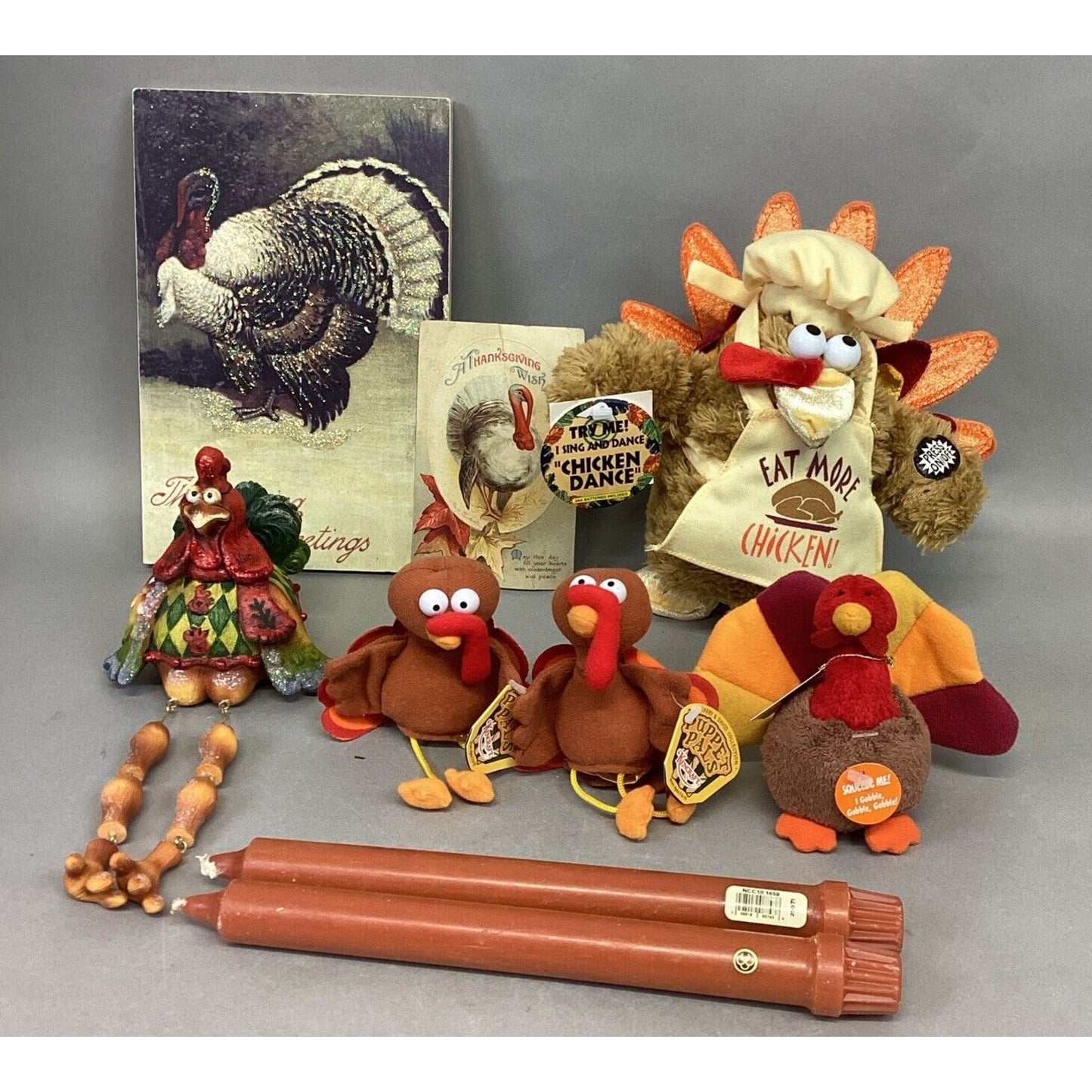 Lot Of 9 Turkey Thanksgiving Decor - Plaque, Shelf Sitter, 2 Puppets, 2 Plushes