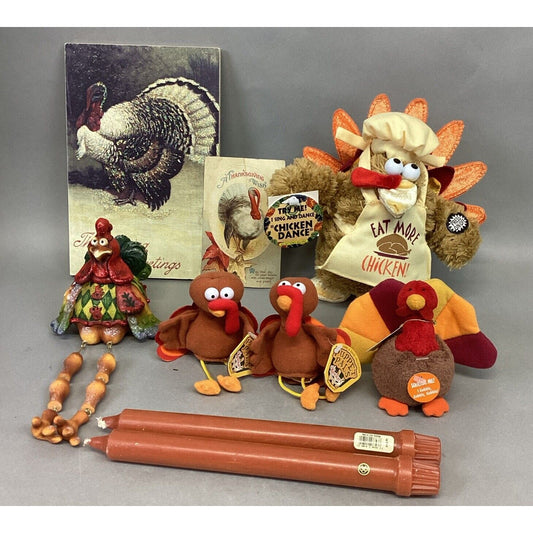 Lot Of 9 Turkey Thanksgiving Decor - Plaque, Shelf Sitter, 2 Puppets, 2 Plushes