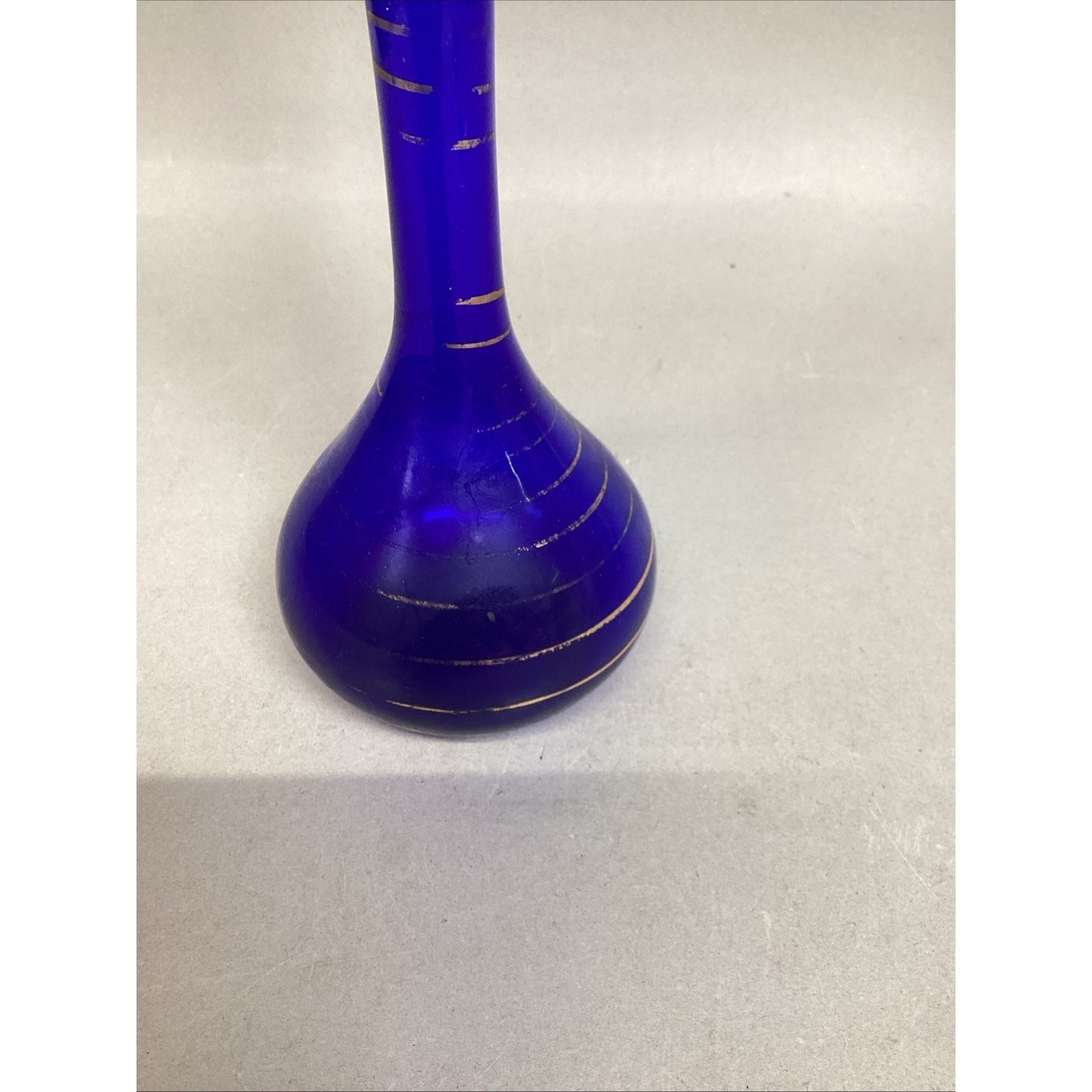 Vintage Cobalt Blue Glass Vase With Gold Stripes - 12”H