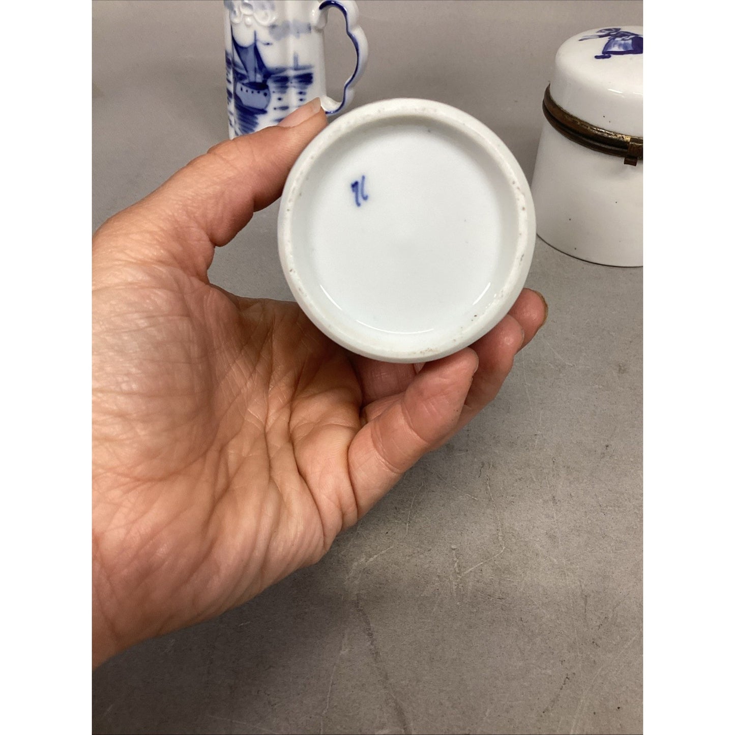 Antique Flow Blue Delft Style White Milk Jug Sailboat, Windmill Cup & Lidded Jar