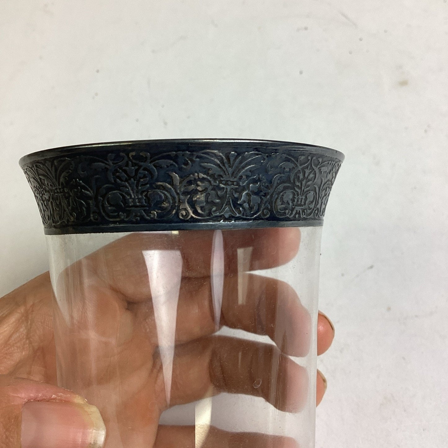 Glass Tumbler With Silver Plated & Etched Top Edge - 5”H