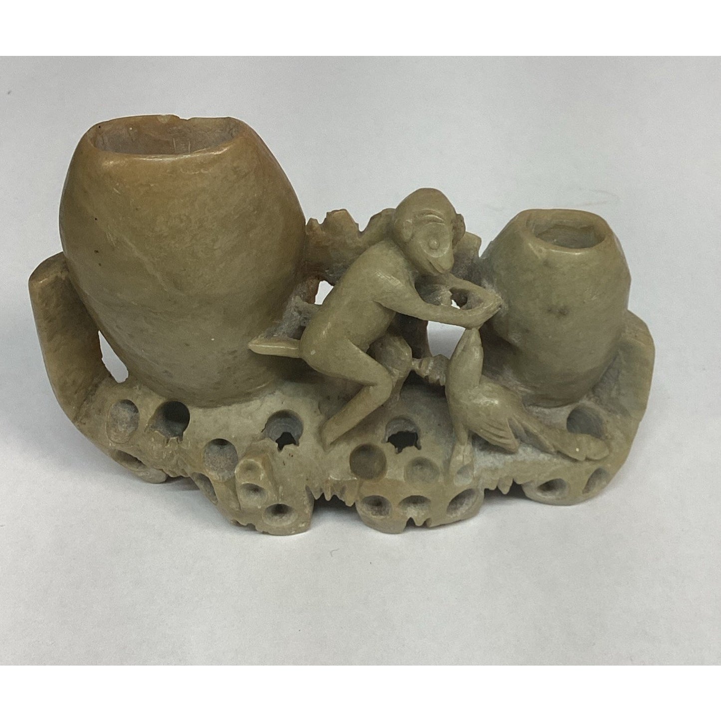 Vintage Hand Carved Chinese Soapstone Monkey Vase Or Toothpick Holder Figurine