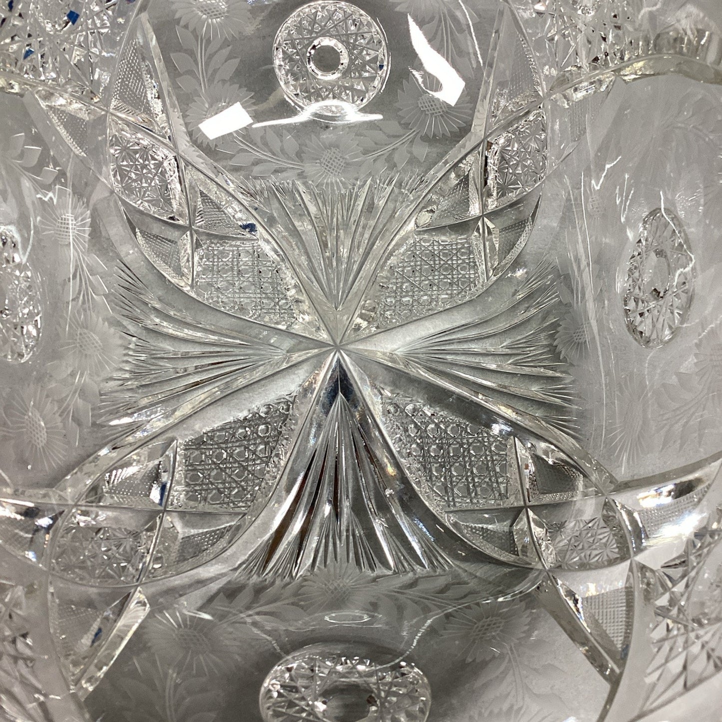 Vintage Heavy Cut Glass Bowl With Sawtooth Edges - Floral & Sunburst - 11x7”