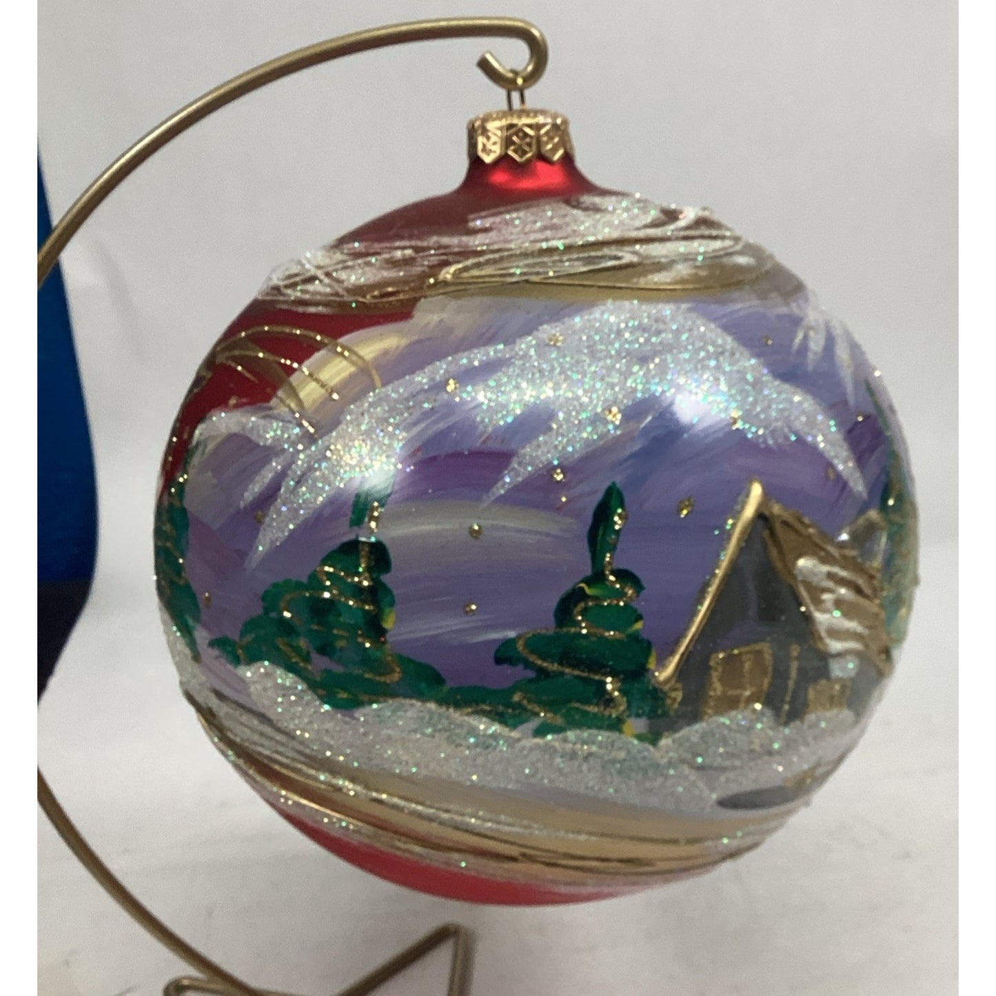 Hand Painted Large Glass Christmas Ball Ornament - Houses And Trees - Glitter -