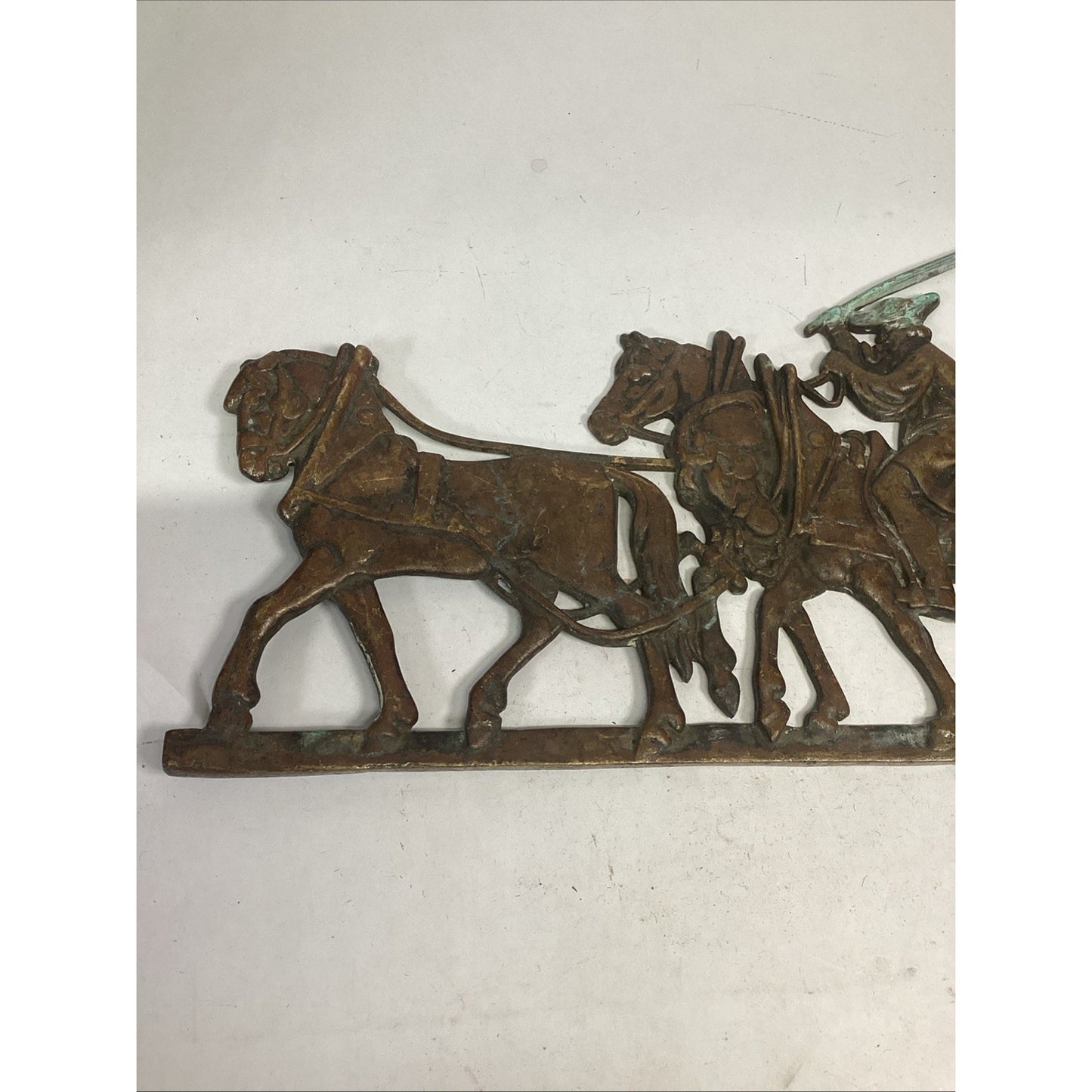 Vintage Cast Iron Horses Pulling Covered Wagon - European Conestoga Wagon Plaque