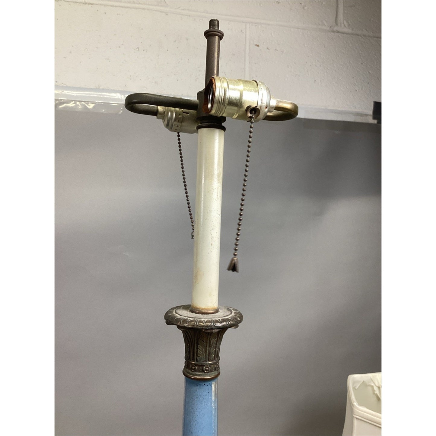 Vintage Mid Century Blue Glass & Bronze Table Lamp - 30”H