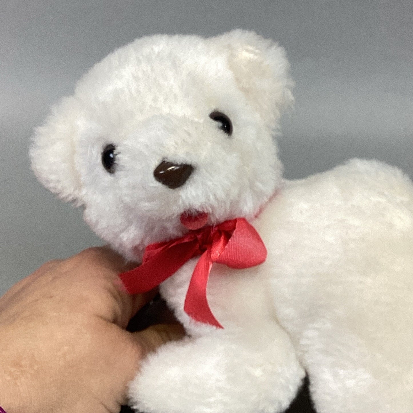 Vintage 1982 White Polar Bear Cub Plush Toy With Red Ribbon