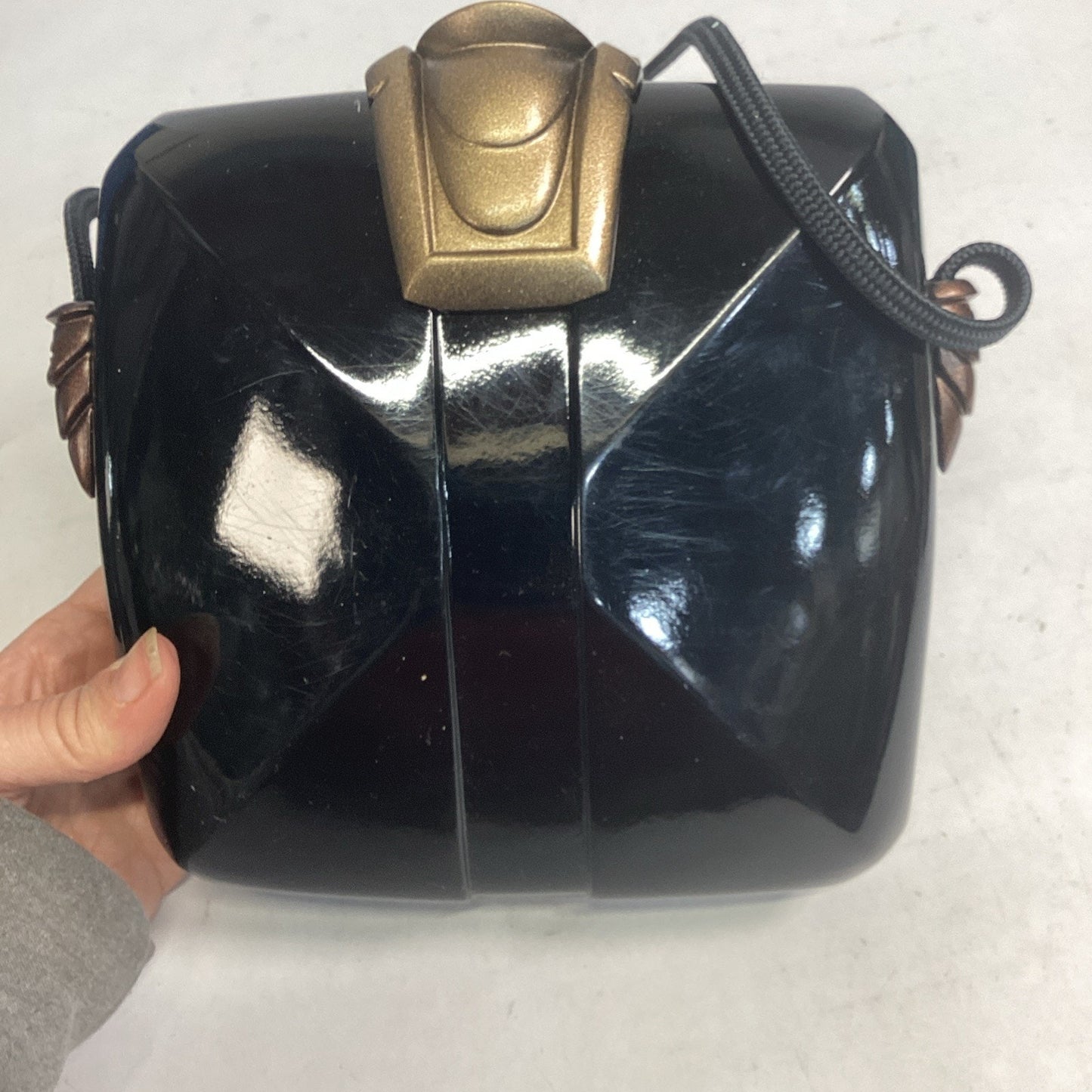 1980s Marc Levine Lacquered Black Hard Shell Bag W/ Strap