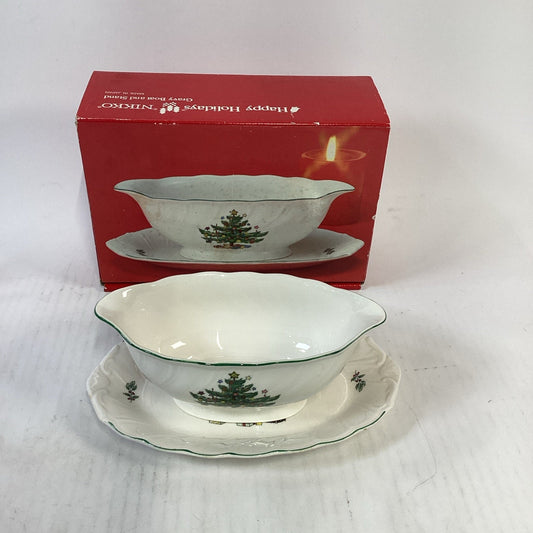 Nikko Christmas Tree Gravy Sauce Boat, Stand And Original Box