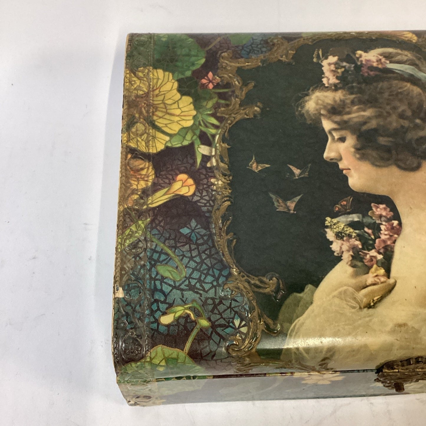 Antique 1900’s Edwardian Lithograph Wooden Jewelry Box W/ Lined Satin - Read