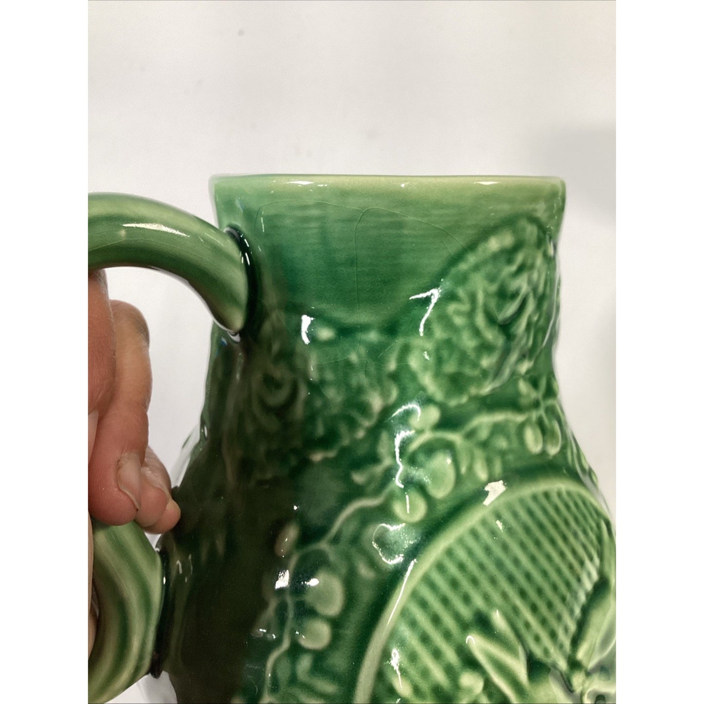Vtg Bordallo Pinheiro Pitcher Majolica Portugal Rabbits Lattice Ceramic Cottage