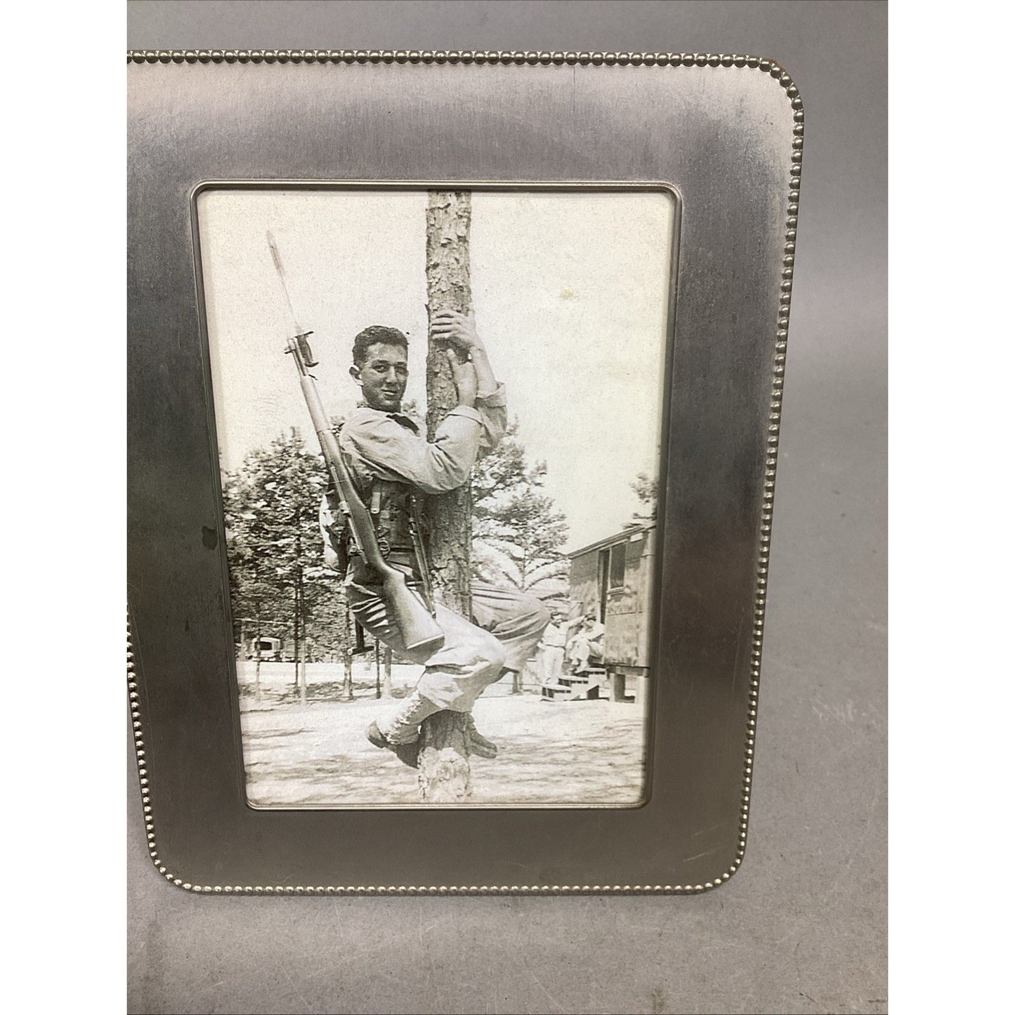 Vintage Soldier In Barracks Photograph W/ Sheffield Home Frame - 7.5x5.25”