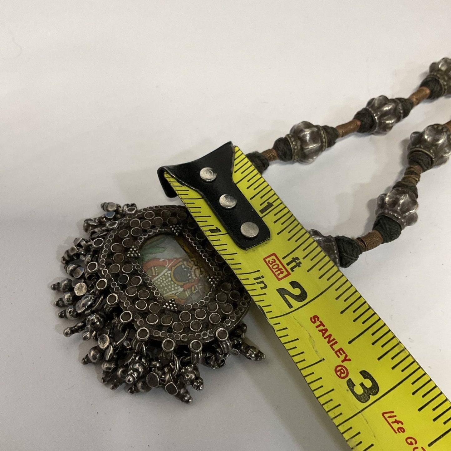 Mid Century Rajasthani Necklace Hand Painted Pendant With Silver Casing