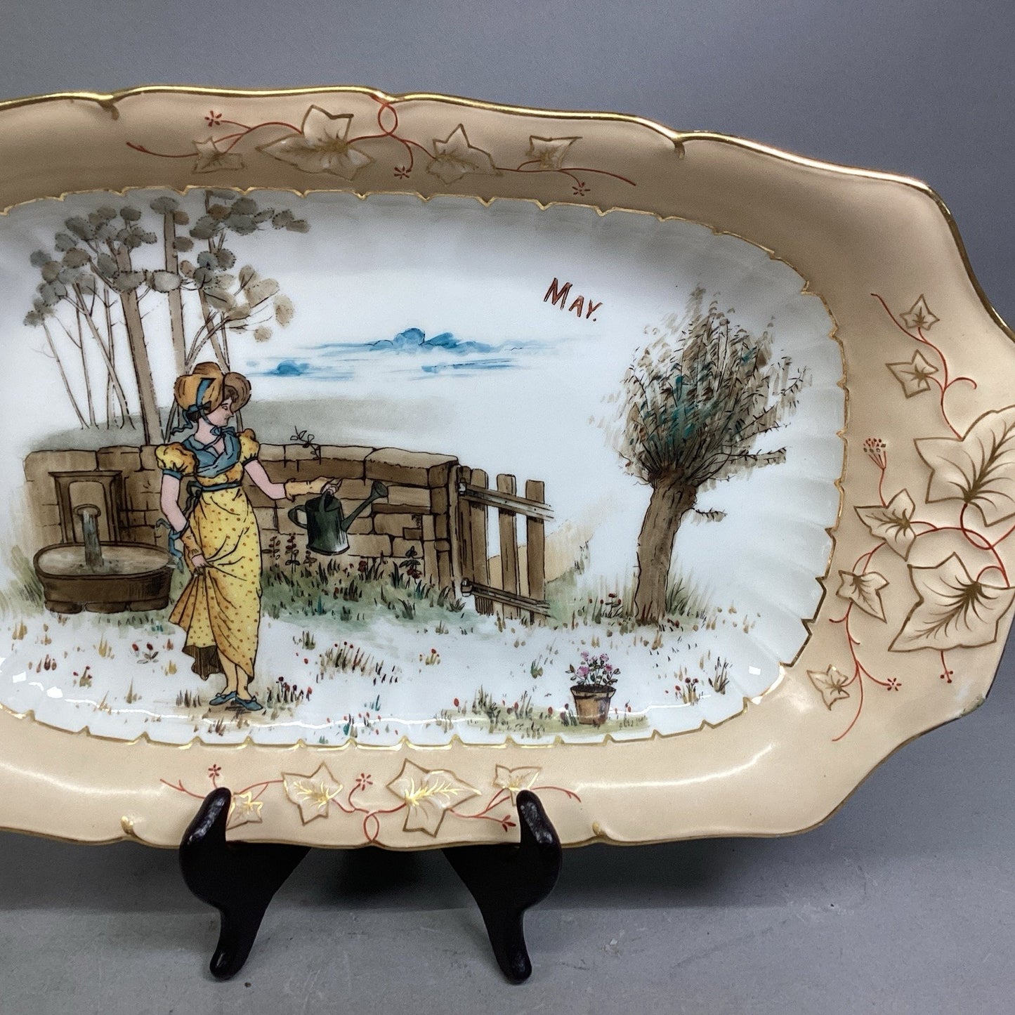 VTG Ceramic ‘May’ Hand Painted Decorative Serving Tray Floral Border - 16x9.5”
