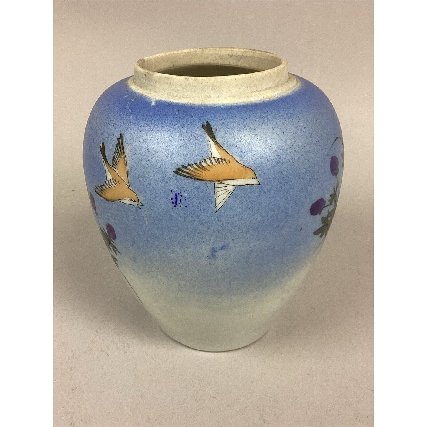 Antique Japanese Floral Vase With Pink/Purple Flowers & Flying Birds - 6 3/4”H