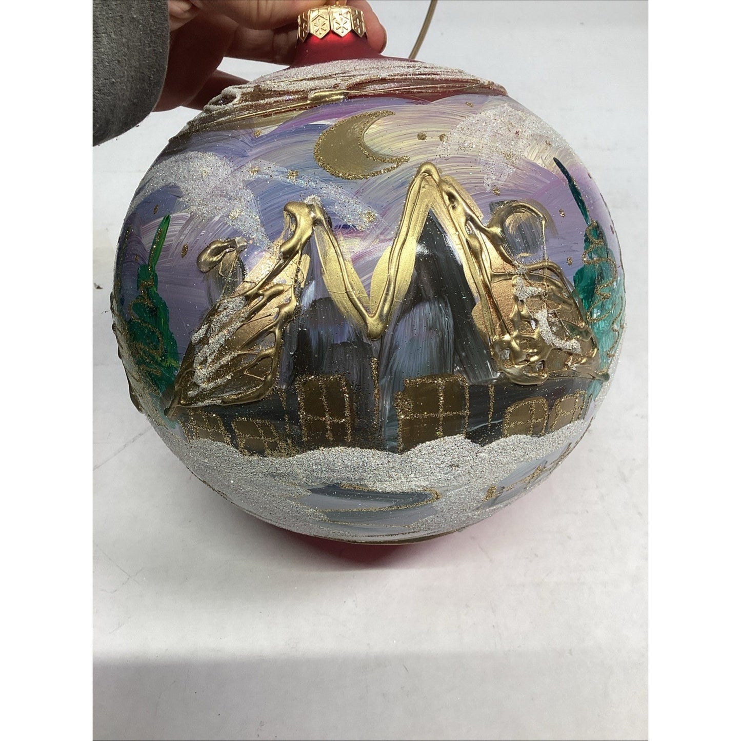 Hand Painted Large Glass Christmas Ball Ornament - Houses And Trees - Glitter -