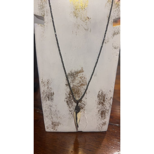 Vintage Style Black Beaded Necklace with Horn Pendant