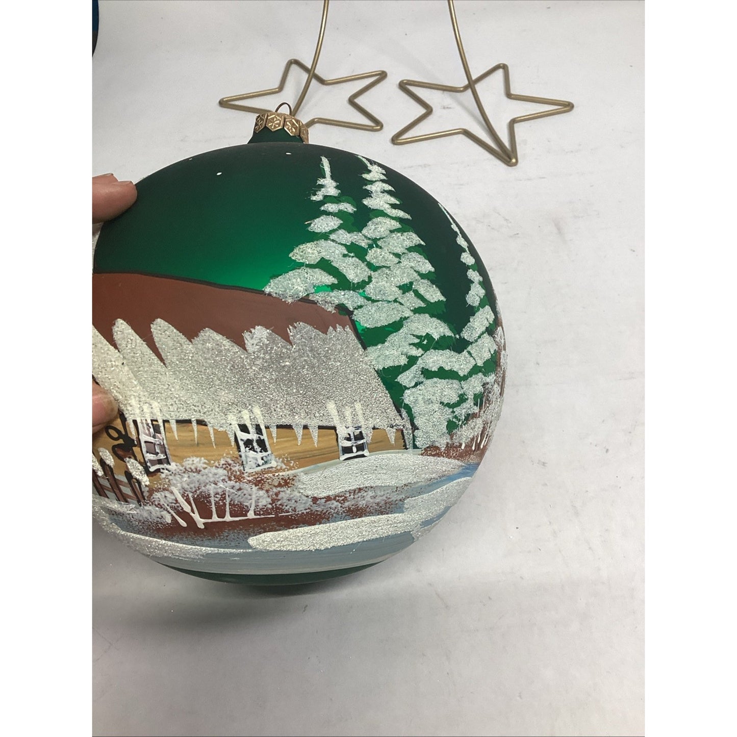 2 Hand Painted Snowy Cabins Glass Ball Ornaments With Ornament Hangers - 7”D