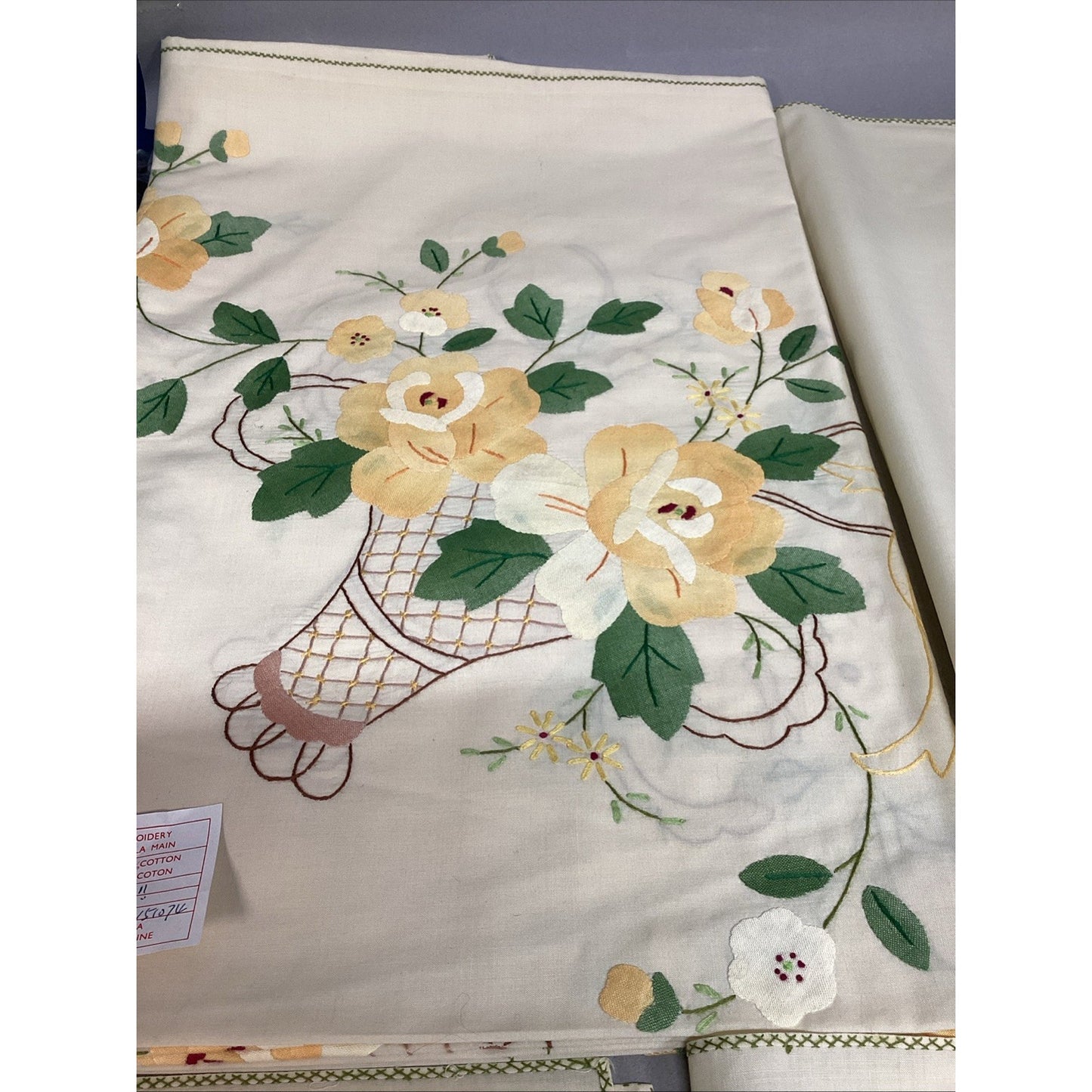 Vintage Hand Embroidery Broderie A La Main Floral Tablecloth & Napkins Set 70x18