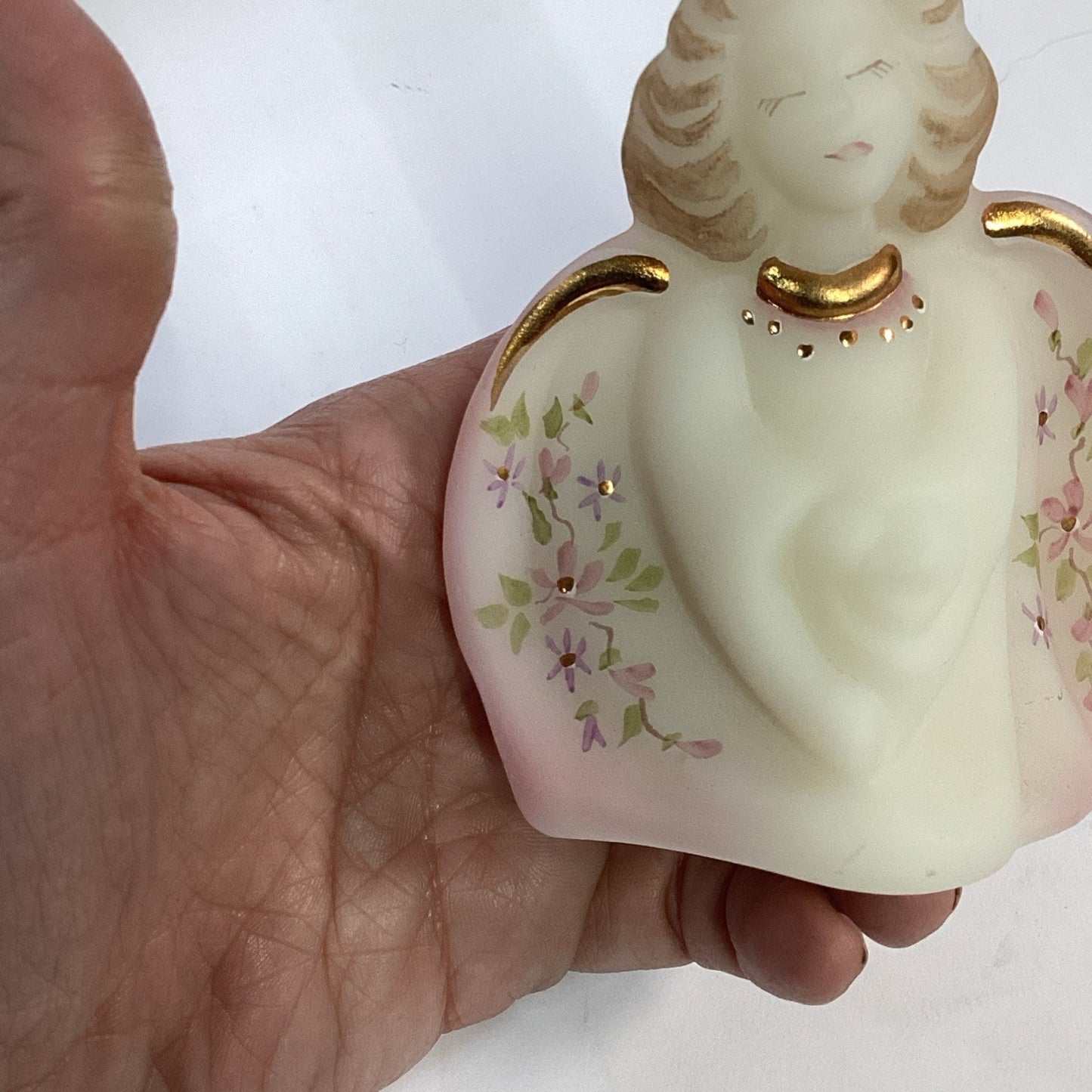 Fenton Satin Glass Pink Guardian Angel Figurine Signed S. Schnesberger